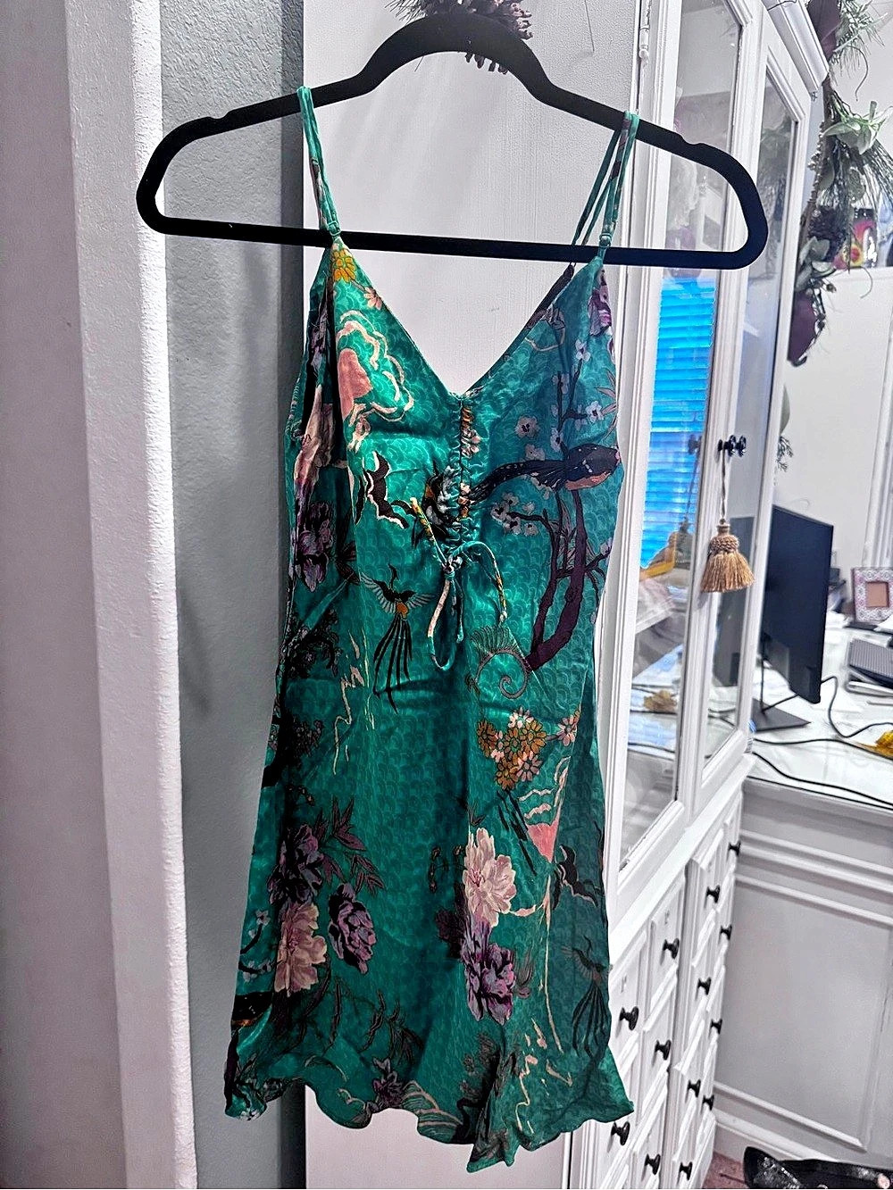Zara Green Floral Bird Satin Slip Mini Dress